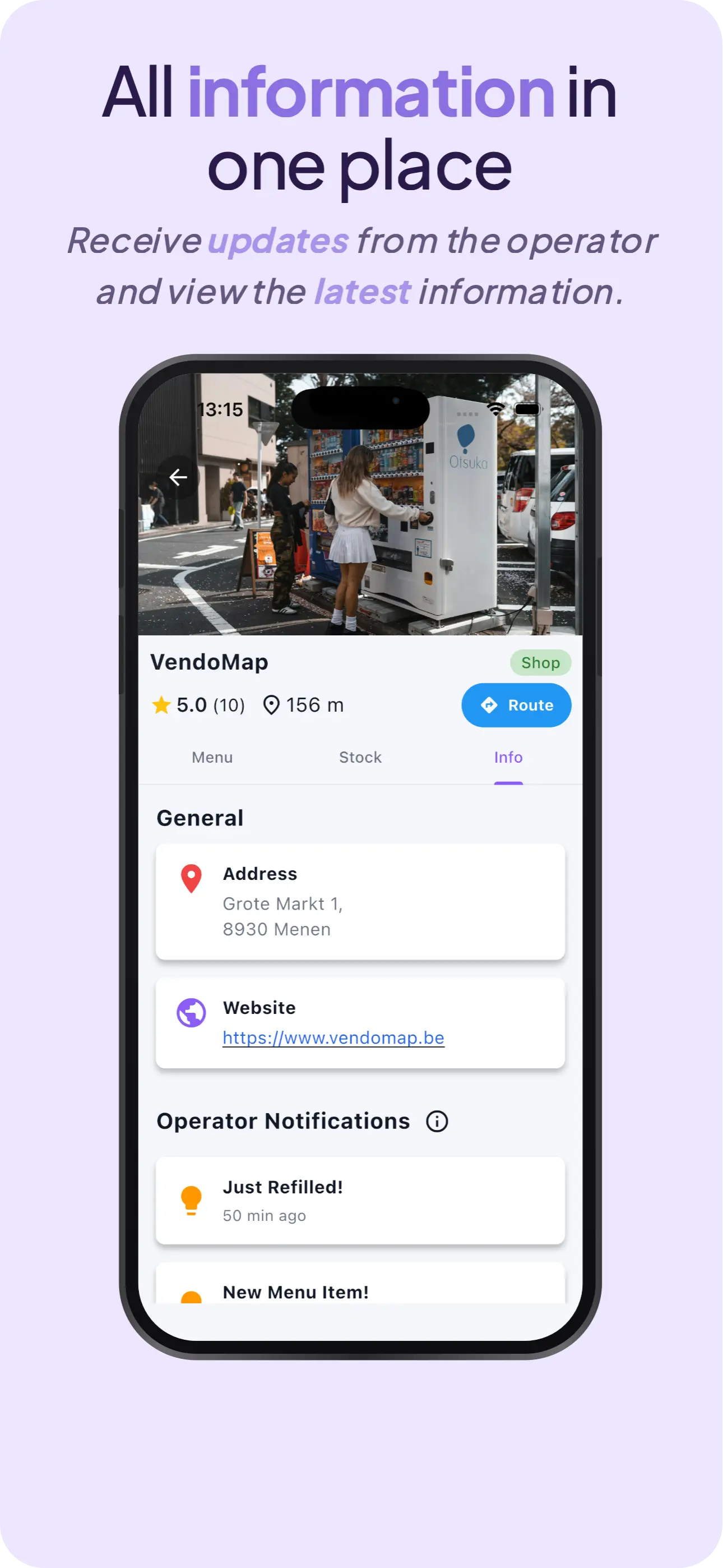 Address, opening hours and operator notifications of a vending machine