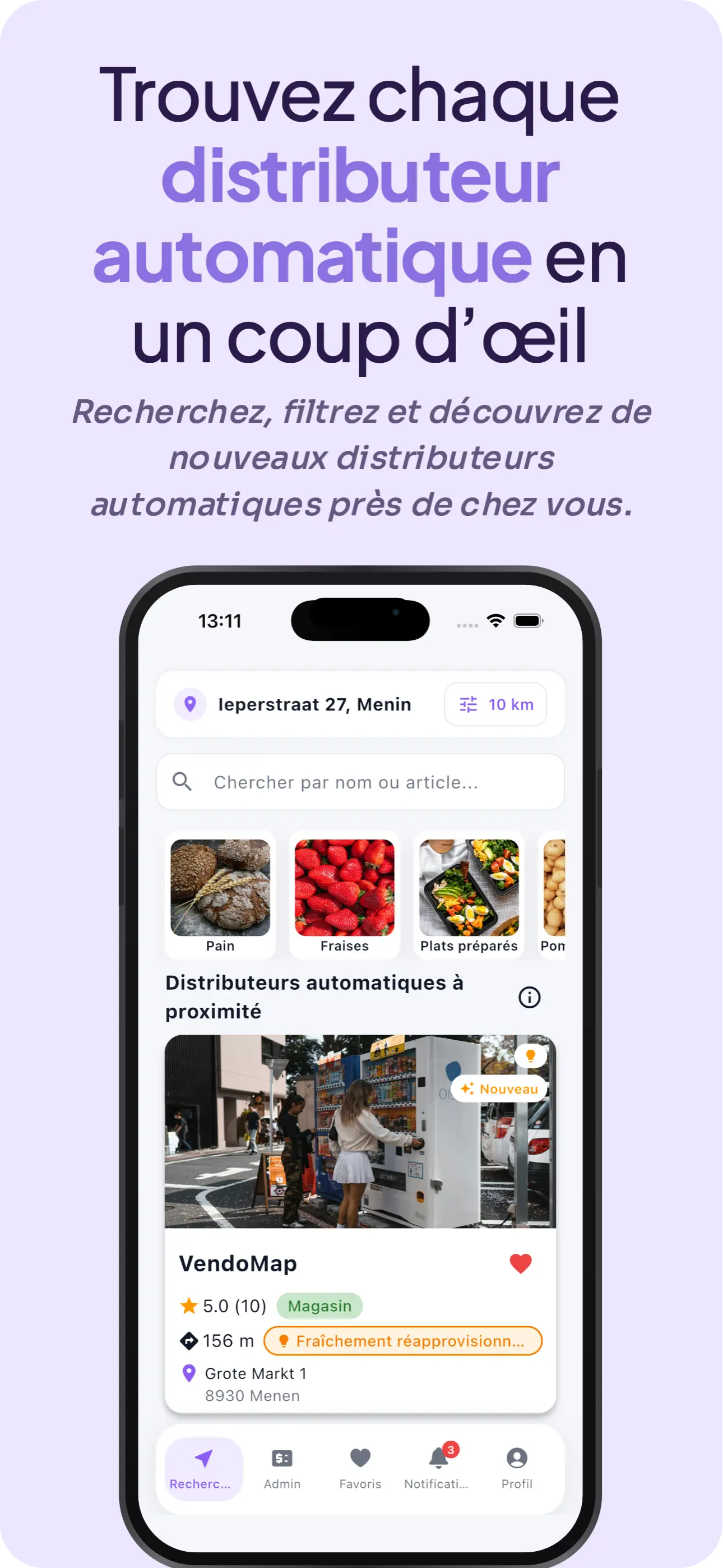 Carte VendoMap avec les distributeurs automatiques près de chez vous