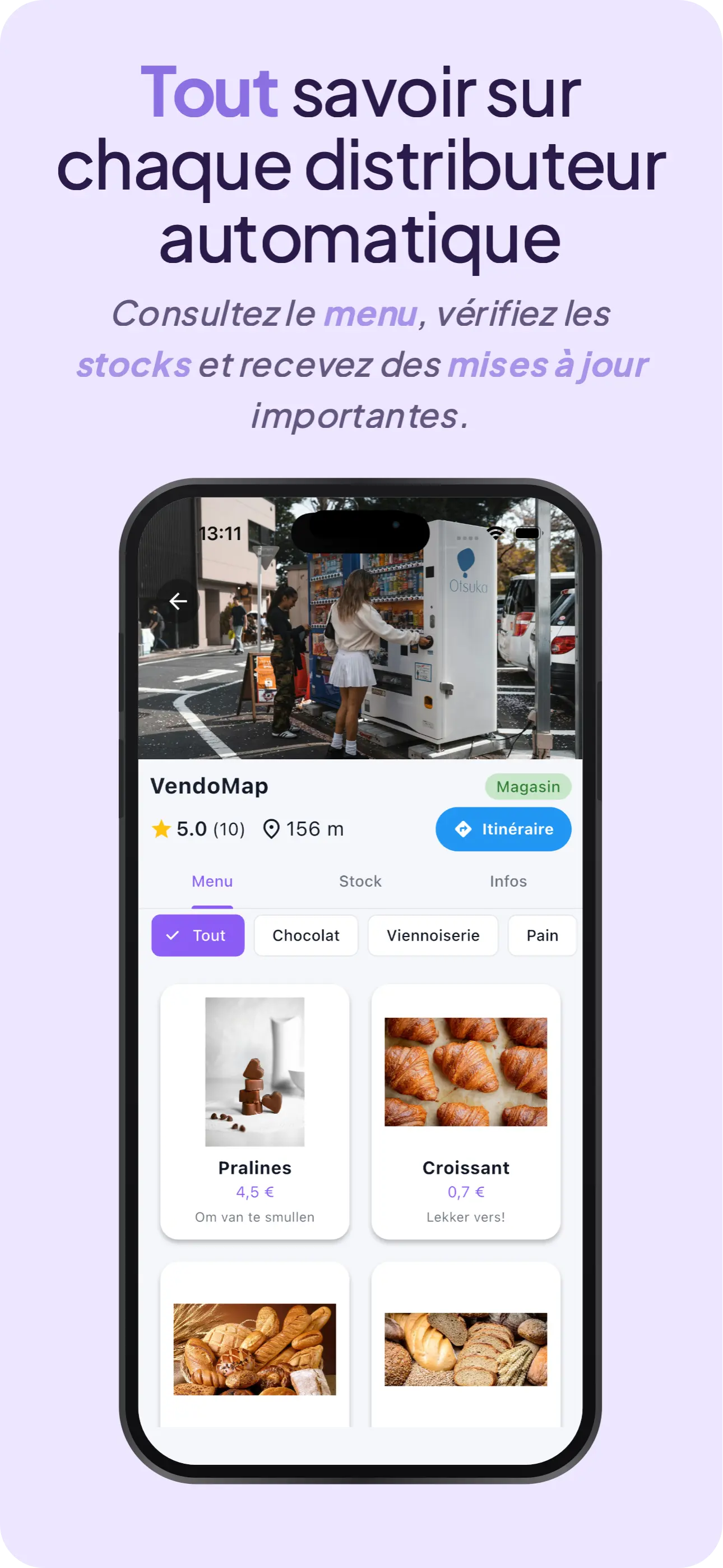 Menu et offre d'un distributeur automatique
