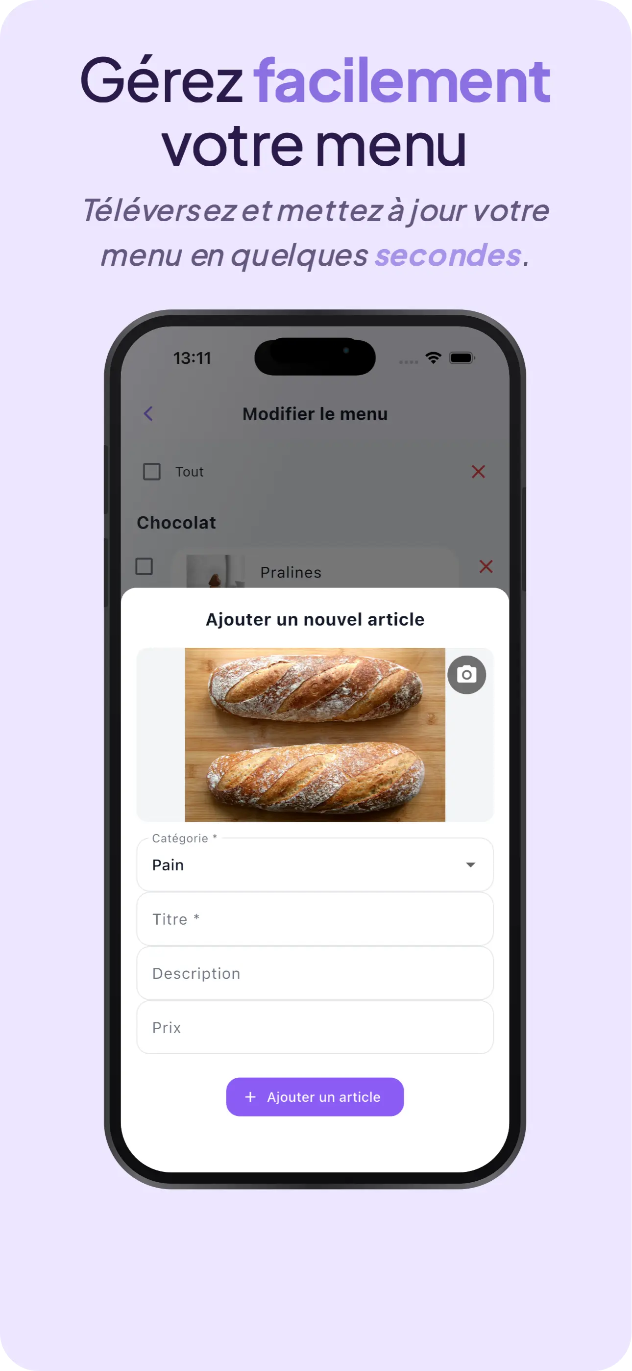 Ajout d'articles au menu d'un distributeur