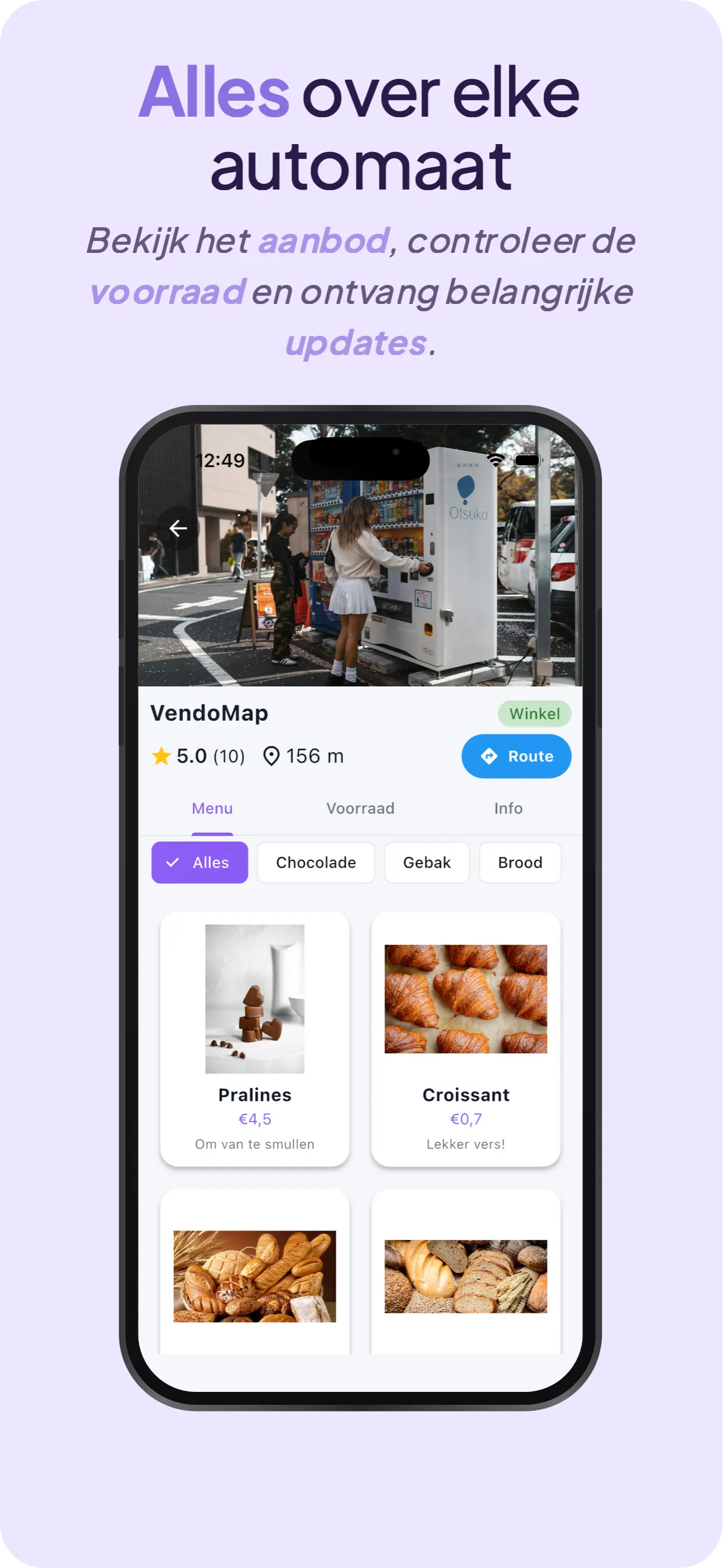 Menu en aanbod van een automaat in VendoMap